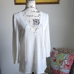 Repeat Lace Up Neck Long Sweater with 3/4 Sleeves,  Size XS